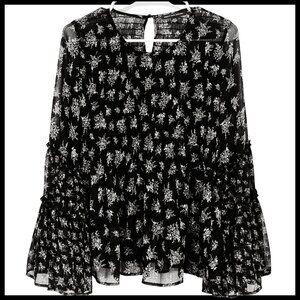 American Eagle Outfitters Sheer Black Boho Peasant Blouse;2 Layers of Ruffles(S)